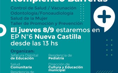 “ACORTANDO DISTANCIAS, ROMPIENDO BARRERAS”: EL JUEVES (8) HABRÁ OTRA JORNADA DE SALUD EN LA ESCUELA Nº 6 DE NUEVA CASTILLA, Y EL 29, EN MARI LAUQUEN