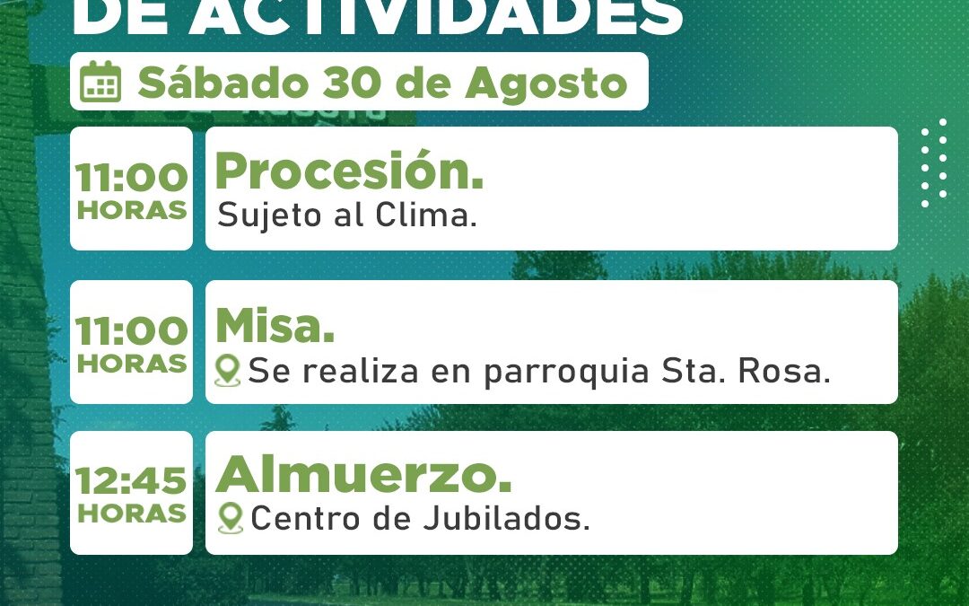 HAY CAMBIOS POR EL PRONÓSTICO DE MAL TIEMPO PARA EL 115° ANIVERSARIO DE 30 DE AGOSTO: SE CONFIRMAN PROCESIÓN, MISA, ALMUERZO Y ACTO CENTRAL, Y SE REPROGRAMA EL SHOW MUSICAL Y RESTO DE LAS ACTIVIDADES
