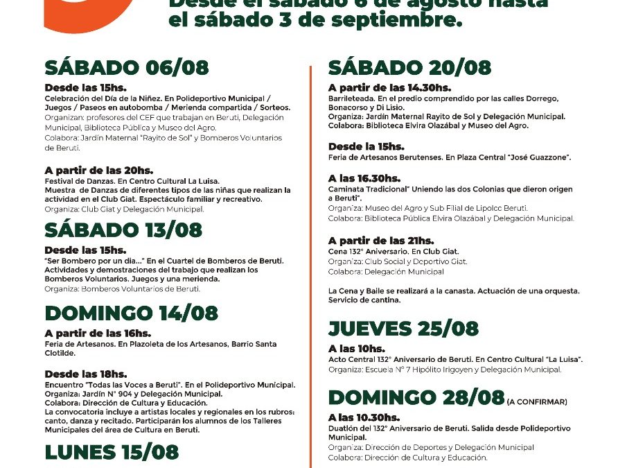 BERUTI FESTEJA SU 132º ANIVERSARIO DURANTE UN MES CON VARIADAS ACTIVIDADES CULTURALES, ARTÍSTICAS, DEPORTIVAS Y RECREATIVAS