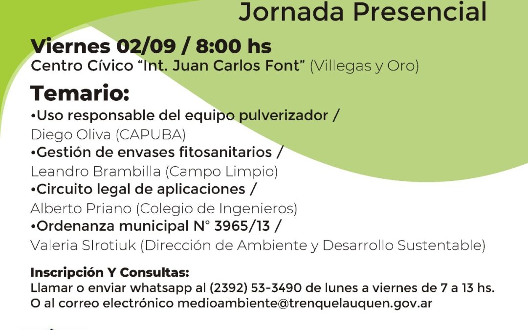 CURSO MUNICIPAL ANUAL Y OBLIGATORIO DE APLICADORES TERRESTRES: EL VIERNES 2 DE SEPTIEMBRE SE REALIZARÁ LA JORNADA PRESENCIAL EN EL CENTRO CÍVICO