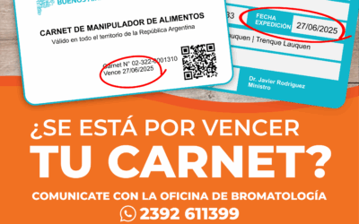 BROMATOLOGÍA MUNICIPAL RECOMIENDA TENER AL DÍA EL CARNET DE MANIPULADOR DE ALIMENTOS
