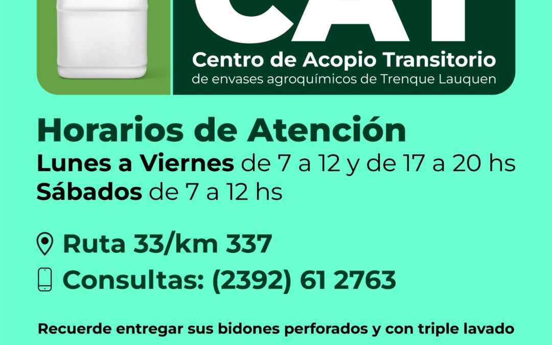 EL CENTRO DE ACOPIO TRANSITORIO CAMBIA DE HORARIO: A PARTIR DE HOY (LUNES): ATENDERÁ DE LUNES A VIERNES DE 7 A 12 Y DE 17 A 20, Y SÁBADOS DE 7 A 12