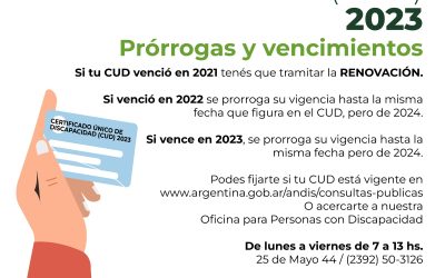 PRORROGAN POR UN AÑO LA VIGENCIA DE LOS CERTIFICADOS ÚNICOS DE DISCAPACIDAD (CUD) QUE VENCEN EN 2023, Y TAMBIÉN PARA LOS QUE VENCIERON EL AÑO PASADO