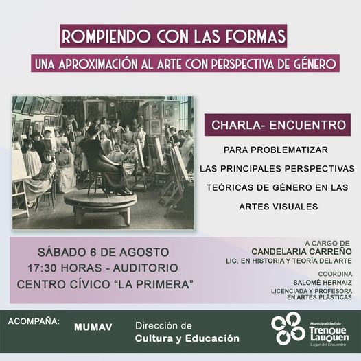 “ARTE Y GÉNERO”, EN UNA CHARLA ENCUENTRO A REALIZARSE EL PRÓXIMO SÁBADO (6) EN EL CENTRO CÍVICO