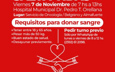 COLECTA ANUAL DE SANGRE: SERÁ EL VIERNES 7 DE NOVIEMBRE Y LOS INTERESADOS DEBEN SACAR TURNO PREVIAMENTE