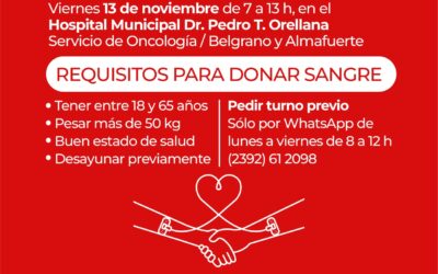 COLECTA ANUAL DE SANGRE DEL HOSPITAL MUNICIPAL: SERÁ EL VIERNES 13 DE NOVIEMBRE Y LOS INTERESADOS DEBEN SACAR TURNO PREVIAMENTE