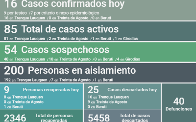 COVID-19: LOS CASOS ACTIVOS ASCENDIERON A 85