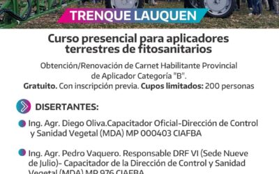 CURSO ANUAL Y OBLIGATORIO PARA APLICADORES TERRESTRES DE FITOSANITARIOS: SERÁ EL VIERNES 25 EN EL AERO CLUB TRENQUE LAUQUEN