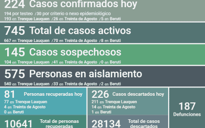 COVID-19: LOS CASOS ACTIVOS SON 745 TRAS CONFIRMARSE HOY 224 CASOS, 81 PERSONAS RECUPERADAS Y OTROS 226 DESCARTADOS