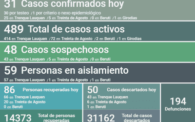 COVID-19: FUERON CONFIRMADOS 31 NUEVOS CASOS POSITIVOS Y OTRAS 86 PERSONAS RECIBIERON EL ALTA, SIENDO HOY 489 LOS CASOS ACTIVOS
