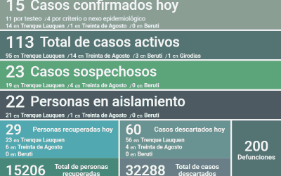 COVID-19: LOS CASOS ACTIVOS SON 113, TRAS REPORTARSE 15 NUEVOS CASOS POSITIVOS Y OTRAS 29 PERSONAS RECUPERADAS