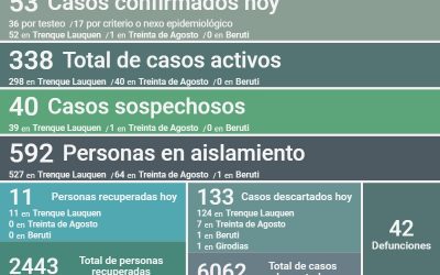 COVID-19: CON 53 NUEVOS CASOS CONFIRMADOS Y 11 PERSONAS RECUPERADAS MÁS, LOS CASOS ACTIVOS ASCENDIERON A 338