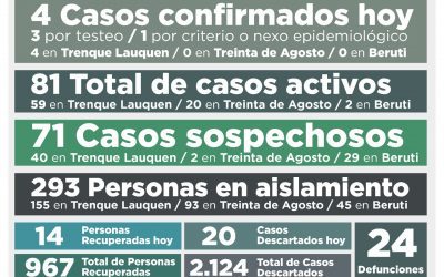 COVID-19: CON CUATRO NUEVOS CASOS CONFIRMADOS Y 14 PERSONAS RECUPERADÁS, EL TOTAL DE CASOS ACTIVOS VOLVIÓ A BAJAR: DE 91 A 81