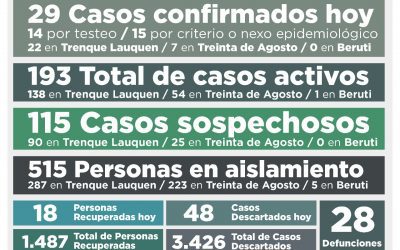 COVID-19: LOS CASOS ACTIVOS SUBIERON A 193 AL CONFIRMARSE 29 NUEVOS CASOS Y RECUPERARSE OTRAS 18 PERSONAS,