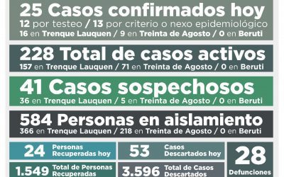 COVID-19: LOS CASOS ACTIVOS SON 228, LUEGO DE CONFIRMARSE 25 NUEVOS CASOS Y RECUPERARSE OTRAS 24 PERSONAS