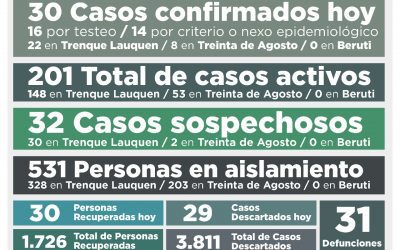 COVID-19: SIGUEN SIENDO 201 LOS CASOS ACTIVOS PORQUE HUBO EL MISMO NÚMERO DE NUEVOS CASOS POSITIVOS Y DE PERSONAS RECUPERADAS, 30