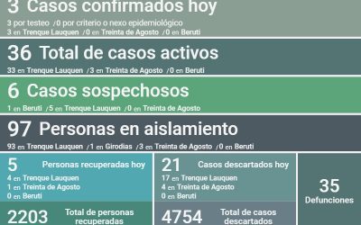 COVID-19: CON UNA PERSONA FALLECIDA, LA CONFIRMACIÓN DE TRES  CASOS Y  CINCO PERSONAS RECUPERADAS MÁS, LOS CASOS ACTIVOS BAJARON A 36