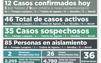 COVID-19: FUERON CONFIRMADOS 12 NUEVOS CASOS, SE RECUPERARON DOS PERSONAS Y LOS CASOS ACTIVOS VOLVIERON A SUBIR DE 36 A 46