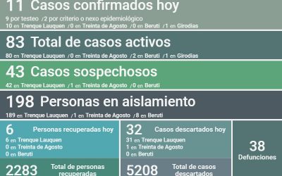 COVID-19: CON 11 NUEVOS CASOS CONFIRMADOS Y SEIS PERSONAS MÁS RECUPERADAS, LOS CASOS ACTIVOS ASCENDIERON HOY A 83