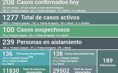 COVID-19: FUERON CONFIRMADOS 208 CASOS Y SE RECUPERARON OTRAS 136 PERSONAS, SIENDO HOY 1277 LOS CASOS ACTIVOS EN EL DISTRITO