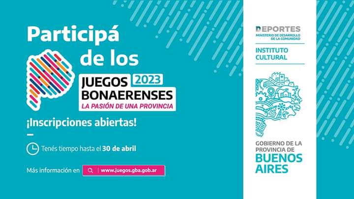 JUEGOS BONAERENSES 2023: HASTA EL DOMINGO 30 DE ABRIL ESTARÁ ABIERTA LA INSCRIPCIÓN Y EL LUNES 1º DE MAYO COMENZARÁ LA ETAPA MUNICIPAL