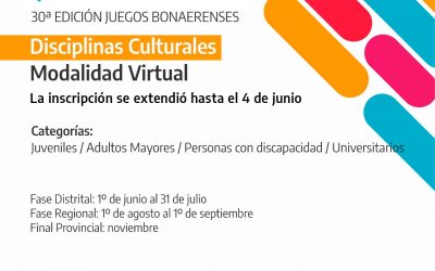 JUEGOS BONAERENSES 2021: LA INSCRIPCIÓN PARA LAS DISCIPLINAS DEL ÁREA CULTURA SE EXTENDIÓ HASTA EL PRÓXIMO VIERNES