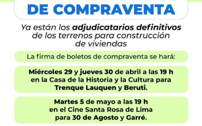 YA ESTÁN LOS ADJUDICATARIOS DEL PROGRAMA MI LOTE: FIRMARÁN LOS BOLETOS DE COMPRAVENTA DE LOS TERRENOS EL 29 Y 30 DE ABRIL EN LA CIUDAD DE TRENQUE LAUQUEN Y EL 5 DE MAYO EN 30 DE AGOSTO