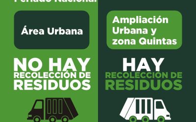 EL FERIADO NACIONAL DEL PRÓXIMO LUNES (15) HABRÁ RECOLECCIÓN DE RESIDUOS EN LA AU Y ZONA DE QUINTAS, PERO NO SE PRESTARÁ EL SERVICIO EN ÁREA URBANA