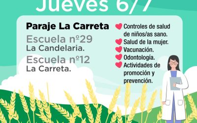 EQUIPOS DE SALUD Y EDUCACIÓN DEL PROGRAMA SALUD RURAL ESTARÁN EL PRÓXIMO JUEVES (6) EN EL PARAJE LA CARRETA PARA HACER CONTROLES Y TALLERES