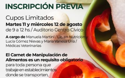 BROMATOLOGÍA MUNICIPAL DARÁ UN CURSO PRESENCIAL Y GRATUITO DE MANIPULACIÓN DE ALIMENTOS EL MARTES 11 Y MIÉRCOLES 12 DE AGOSTO