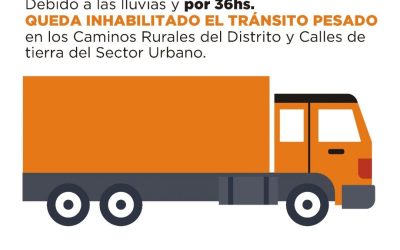 DESDE LAS 12 DE HOY (VIERNES) Y POR 36 HORAS SE EXTIENDE LA INHABILITACIÓN AL TRÁNSITO PESADO POR LOS CAMINOS RURALES Y DE TIERRA URBANOS