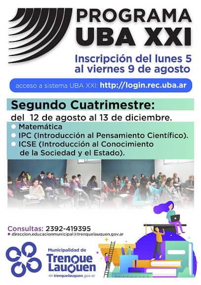 PROGRAMA UBA XXI: EL PRÓXIMO LUNES EMPIEZA LA CURSADA DE LAS MATERIAS QUE CORRESPONDEN AL SEGUNDO CUATRIMESTRE