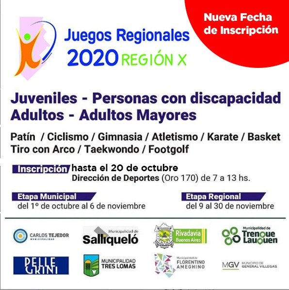 SE PRORROGÓ LA INSCRIPCIÓN PARA PARTICIPAR EN “LOS JUEGOS REGIONALES 2020” QUE ORGANIZAN LAS DIRECCIONES DE DEPORTES DE LA ZONA