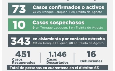 COVID-19: 12 CASOS CONFIRMADOS -11 DE TRENQUE LAUQUEN Y UNO DE 30 DE AGOSTO-, CUATRO PERSONAS RECUPERADAS Y 26 CASOS DESCARTADOS
