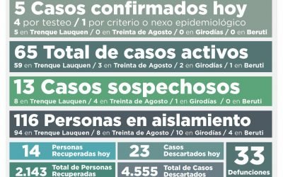 COVID-19: CON CINCO NUEVOS CASOS CONFIRMADOS Y LA RECUPERACIÓN DE 14 PERSONAS MÁS, LOS CASOS ACTIVOS AHORA BAJARON A 65