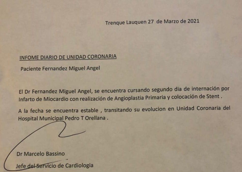 EL INTENDENTE MIGUEL FERNÁNDEZ “SE ENCUENTRA ESTABLE, TRANSITANDO SU EVOLUCIÓN EN UNIDAD CORONARIA”