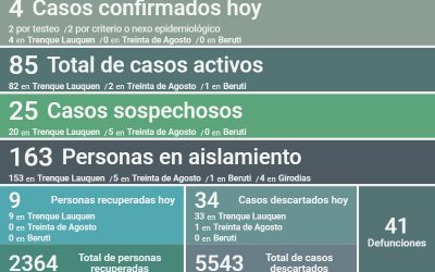 COVID-19: LOS CASOS ACTIVOS BAJARON A 85, AL REPORTARSE UN DECESO, CONFIRMARSE CUATRO NUEVOS CASOS Y RECUPERARSE NUEVE PERSONAS