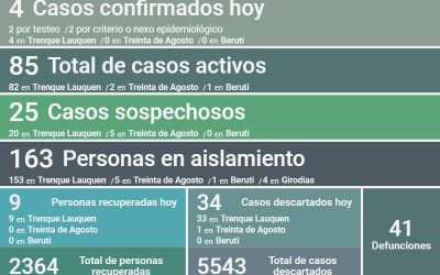 COVID-19: LOS CASOS ACTIVOS BAJARON A 85, AL REPORTARSE UN DECESO, CONFIRMARSE CUATRO NUEVOS CASOS Y RECUPERARSE NUEVE PERSONAS