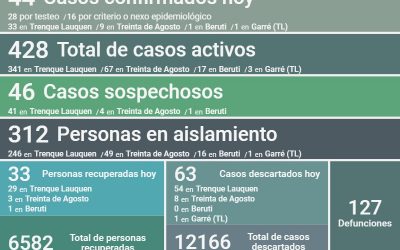 SON 428 LOS CASOS ACTIVOS DE COVID-19: FUERON CONFIRMADOS 44 NUEVOS CASOS, HUBO UN DECESO Y SE RECUPERARON 33 PERSONAS MÁS