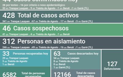 SON 428 LOS CASOS ACTIVOS DE COVID-19: FUERON CONFIRMADOS 44 NUEVOS CASOS, HUBO UN DECESO Y SE RECUPERARON 33 PERSONAS MÁS