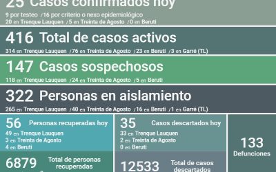 COVID-19: CON 25 NUEVOS CASOS CONFIRMADOS, OTRAS 56 PERSONAS RECUPERADAS Y 35 CASOS DESCARTADOS, LOS CASOS ACTIVOS SON 416