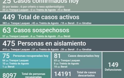 COVID-19: CON 25 NUEVOS CASOS CONFIRMADOS, 75 PERSONAS MÁS RECUPERADAS Y 81 CASOS DESCARTADOS, LOS CASOS ACTIVOS SON 449
