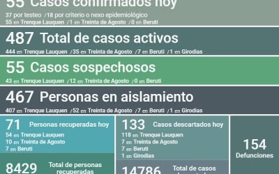 COVID-19: SON 487 LOS CASOS ACTIVOS EN EL DISTRITO, TRAS CONFIRMARSE 55 NUEVOS CASOS, RECUPERARSE 71 PERSONAS Y DESCARTARSE 133 CASOS