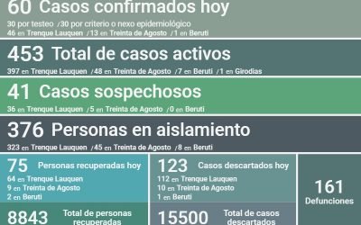 COVID-19: HAY 453 CASOS ACTIVOS, TRAS CONFIRMARSE 60 NUEVOS CASOS, DOS DECESOS, 75 PERSONAS RECUPERADAS MÁS Y 123 CASOS DESCARTADOS