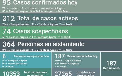 COVID-19: HAY 312 CASOS ACTIVOS EN EL DISTRITO TRAS CONFIRMARSE 95 NUEVOS CASOS, DESCARTARSE 187 Y RECUPERARSE OTRAS SEIS PERSONAS