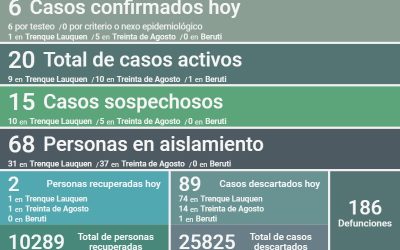 COVID-19: FUERON CONFIRMADOS SEIS CASOS, CINCO EN TREINTA DE AGOSTO Y UNO TRENQUE LAUQUEN, Y SE DESCARTARON OTROS 89